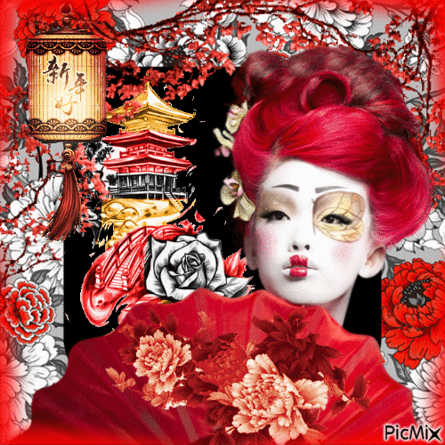 Asian Art - Black, white and red - GIF animé gratuit