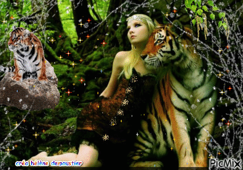 femme et tigre - Free animated GIF