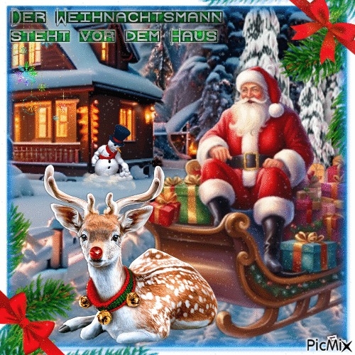 Der Weihnachtsmann steht vor dem Haus - Gratis animerad GIF