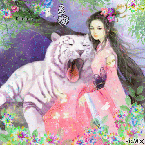 The woman and her tigers - Free animated GIF