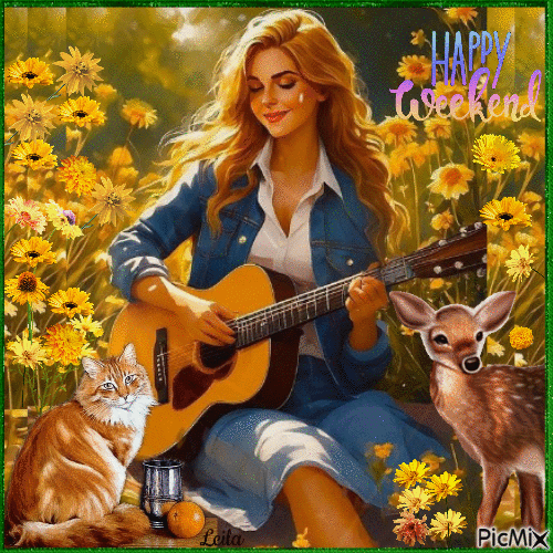 Happy Weekend. Girl, cat, guitar, deer - Gratis geanimeerde GIF