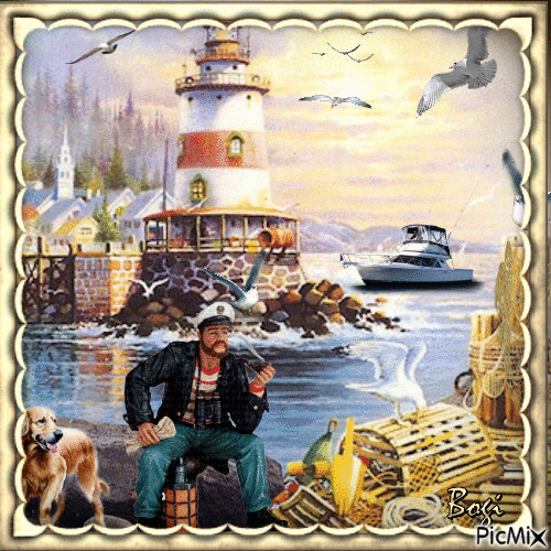 Old sailor and lighthouse... - Free animated GIF