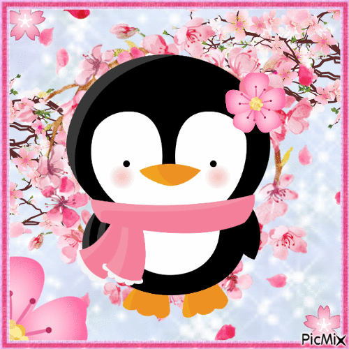 Cherry Blossom Penguin - Free animated GIF