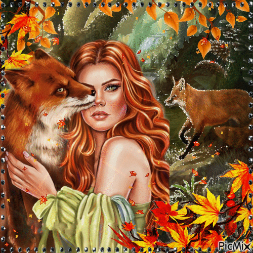 Herbstmädchen mit einem Fuchs - Bezmaksas animēts GIF