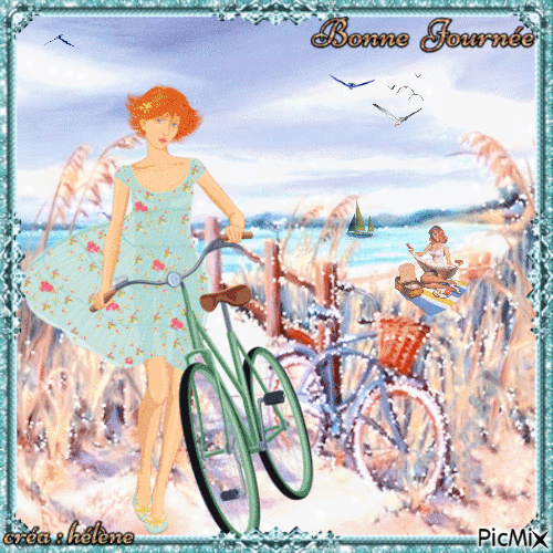 "Fille et bicyclette " - Бесплатный анимированный гифка