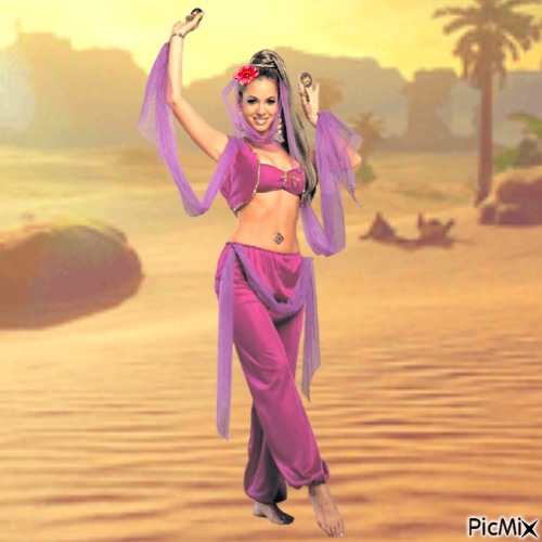 Pink suited belly dancer with flower in hair - 免费PNG