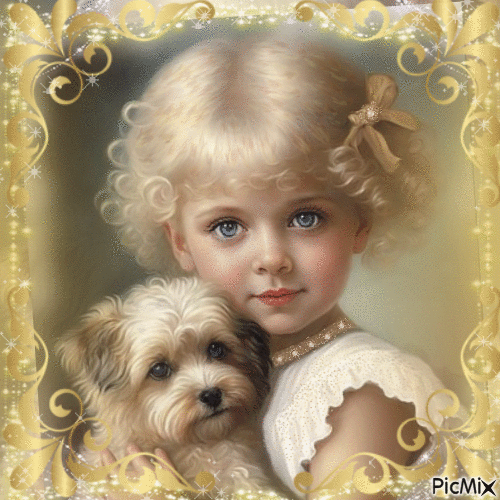Petite fille et chien - Tons pastel - GIF animado gratis