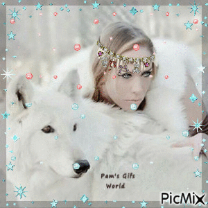 Wolf and Lady in Snow - GIF animé gratuit
