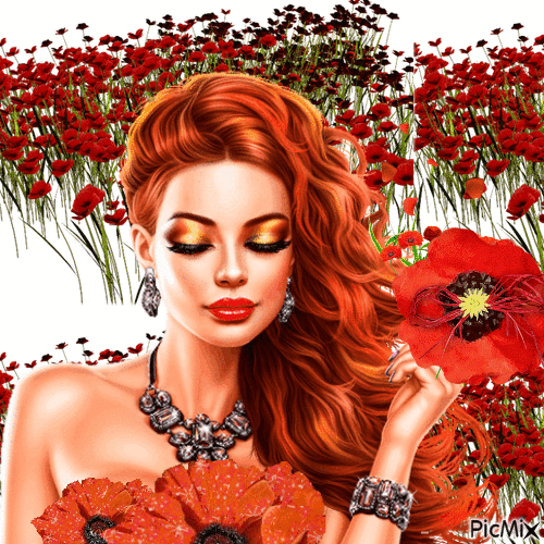 Red-haired beauty and poppies... - Бесплатни анимирани ГИФ