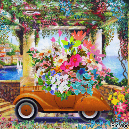 Car & flowers - 免费动画 GIF