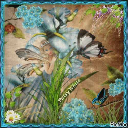 Fairy among blue flowers - Gratis geanimeerde GIF