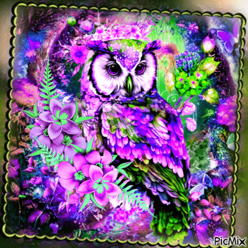 Hibou et fleurs en vert et violet - GIF animé gratuit
