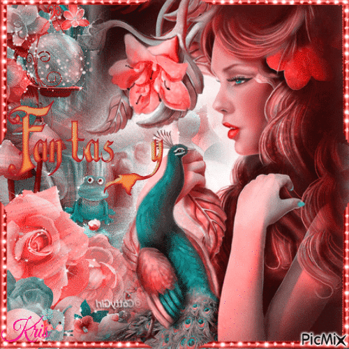 femme au paon - fantaisie / rouge et vert❤️🌷 - Ücretsiz animasyonlu GIF
