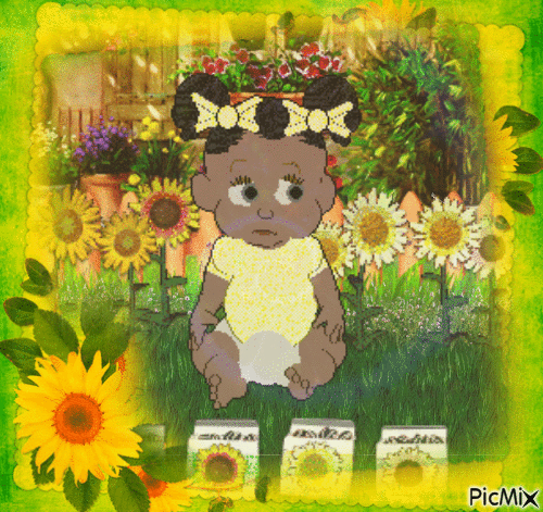 Little Girl and Sunflowers - GIF animé gratuit