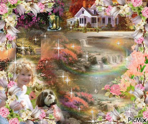 little girl and her dog playing by the flowing water down from her house. there are little waterfalls runing down the hill there are flowers and a lot of soarkles, it is framed by 4 conors of flowers, - Бесплатный анимированный гифка