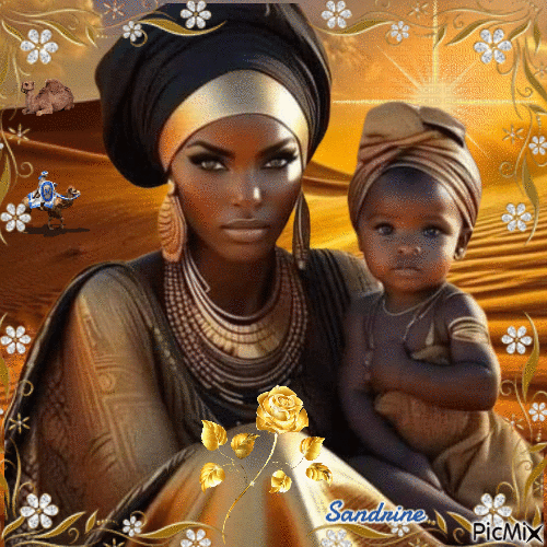 la mère et son enfant dans le désert - GIF animé gratuit