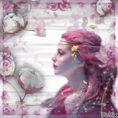 -Mujer y flores de algodón rosa- - 免费动画 GIF