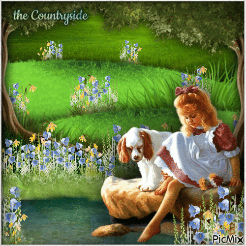 Girl in the Countryside w Dog-RM-03-23-24 - Gratis animerad GIF