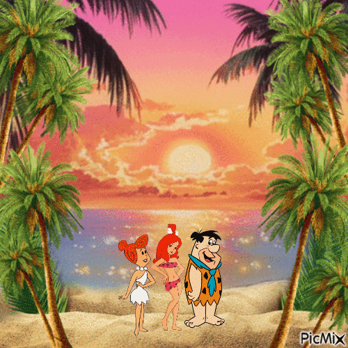 Fred, Wilma and Pebbles at the beach - GIF animé gratuit