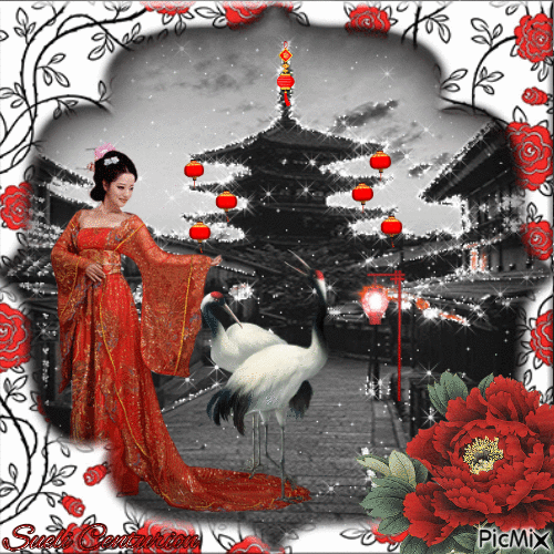 Arte Asiática - Preto, branco e vermelho - Animovaný GIF zadarmo