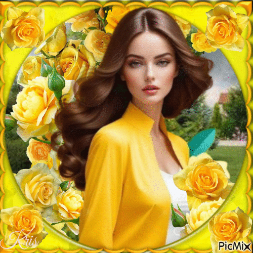 La belle et ses fleurs jaunes - Безплатен анимиран GIF