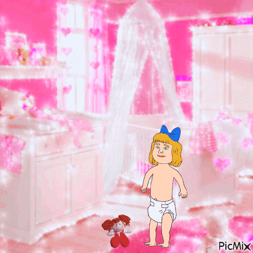 Baby girl with dolly in nursery - Gratis animeret GIF
