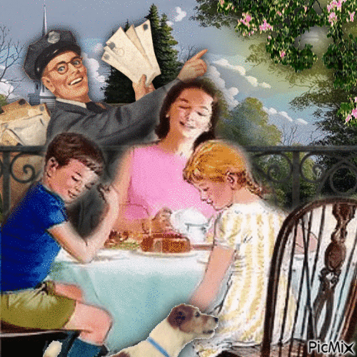 Frühstück auf der Terrasse mit Mutter und Kindern - Free animated GIF