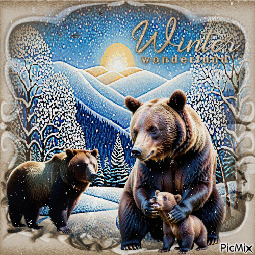 Braunbärenfamilie im Winter - GIF animé gratuit