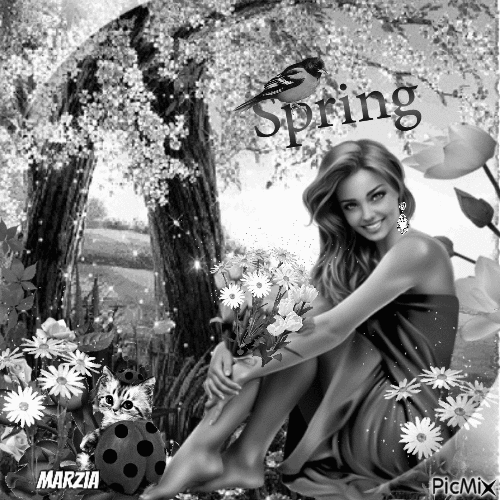 donna e primavera in bianco e nero - GIF animé gratuit