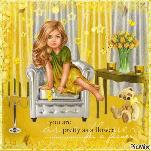 Little girl with yellow tulips - Бесплатни анимирани ГИФ