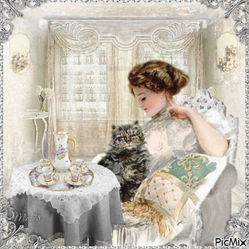 femme et chat pastel - Free animated GIF