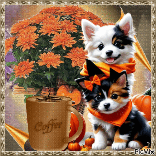 Bouquet d'automne, un café et deux animaux. - GIF animate gratis