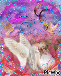 PINK AND BLUE SKY, PINK TREES FOR BACKGROUND OS A WHITE ANGEL, GOLD DOVES, BLUE AND PINK SPARKLED FRAME, A ROUND INSIDE FRAME, OF PONK AND BLUE. - GIF animasi gratis