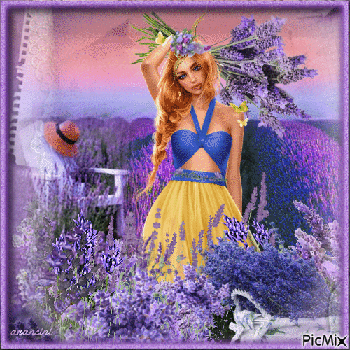 Girl in a lavender field - Безплатен анимиран GIF