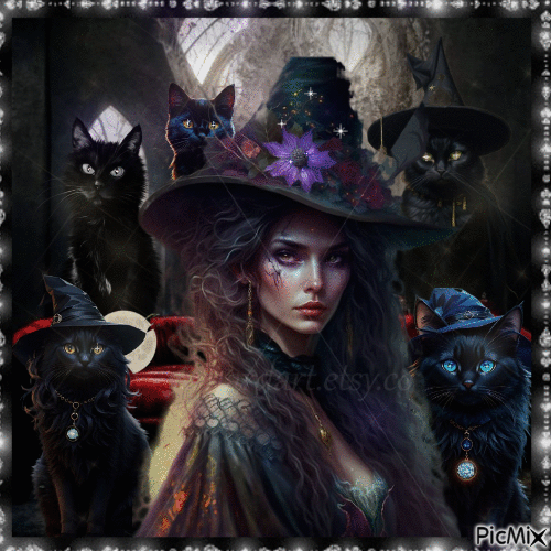 Chica de Halloween y gatos negros - Gratis animerad GIF