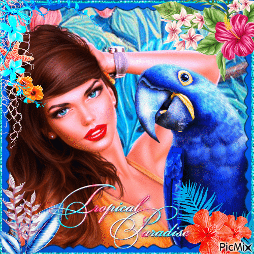 Tropical Woman and Parrot - Free animated GIF
