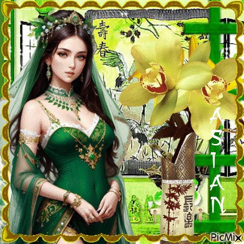 Beauté Asiatique en vert et jaune - Gratis animerad GIF