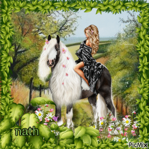 Femme et cheval à la campagne, concours - Gratis geanimeerde GIF