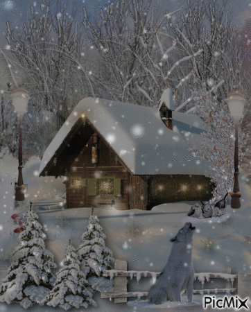 a cold snowy winters night, the wolf is howling at the door. - Free animated GIF