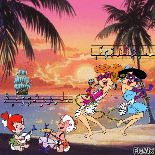 Wilma and Betty singing with Pebbles and Bamm-Bamm - Gratis geanimeerde GIF