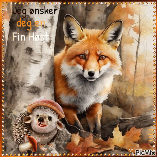I wish you a nice autumn. Hedgehog, fox - Gratis geanimeerde GIF