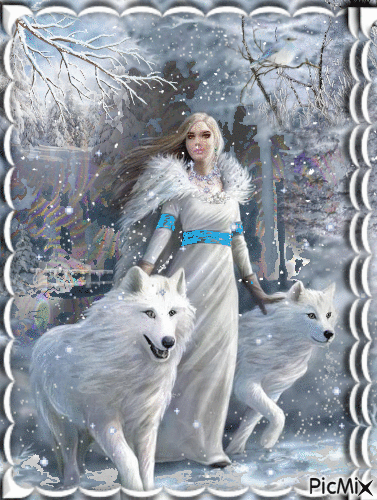 Retrato de mujer y sus lobos en invierno - Gratis animeret GIF