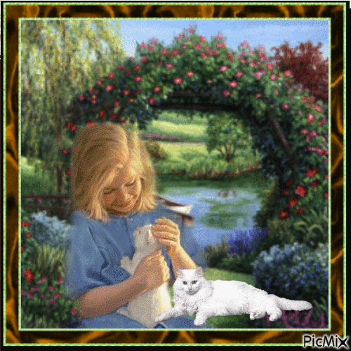 Petite fille et deux chatons blancs - GIF animé gratuit