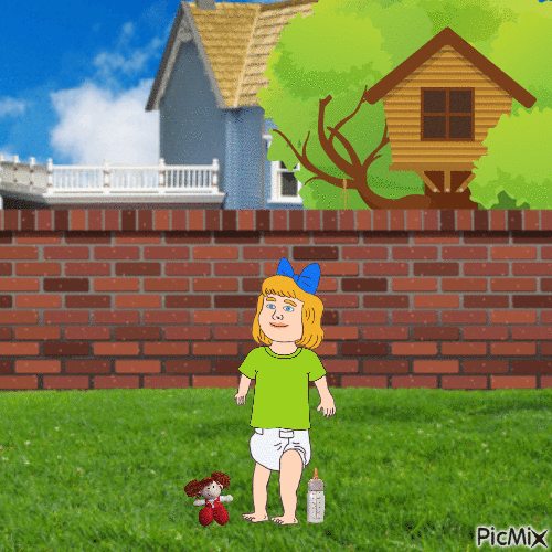 Baby in yard with doll and bottle - GIF animate gratis