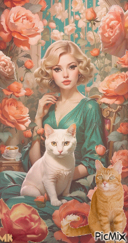 Dos gatos, un té y una rosaleda - Darmowy animowany GIF