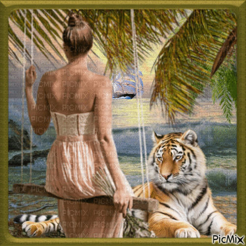 Femme et tigre en bord de mer. - Бесплатный анимированный гифка