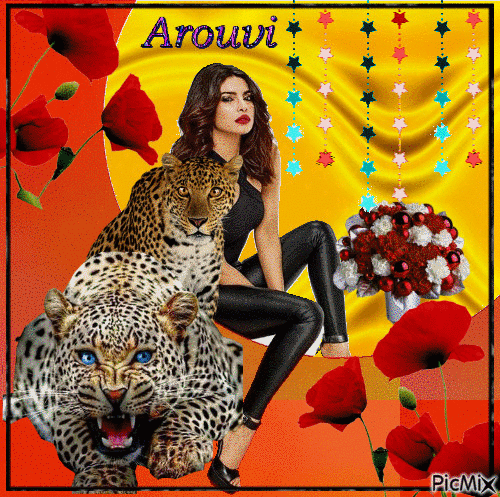 Girl and Leopards - Free animated GIF