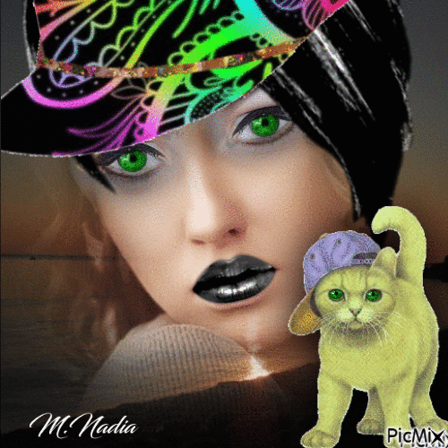portrait femme et chat virtuel ,, - Nemokamas animacinis gif