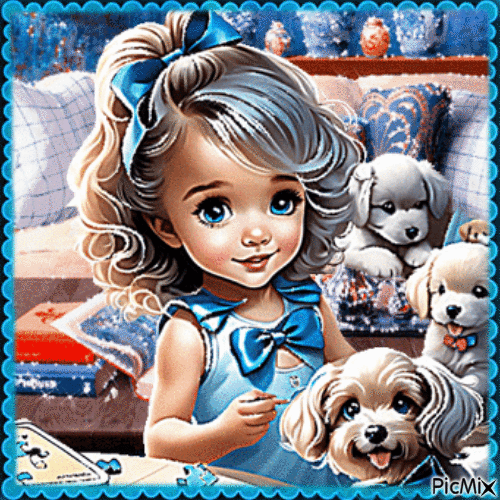 La petite fille et ses petits chiens - Free animated GIF