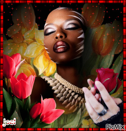 belle africaine sur in lit de tulipe - Gratis animerad GIF